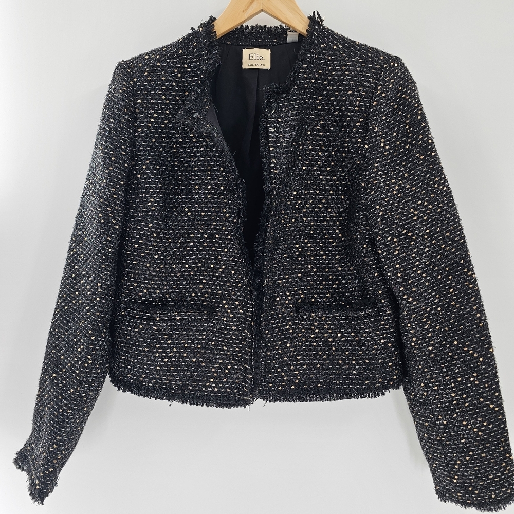 Elie Tahari Black w/Metallic Threads Tweed Outer Shell Blazer Womens Size 8